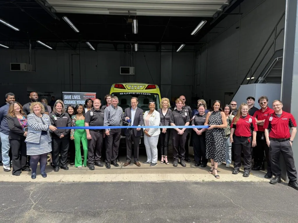 Superior Ambulance President & CEO Dave Hill joins company leadership, staff, and community partners for a ribbon-cutting ceremony celebrating the grand opening of the new station.