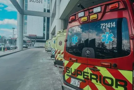 Ambulances lined up at Rush hospital Superior Ambulance Service Ambulances lined up at Rush Hospital